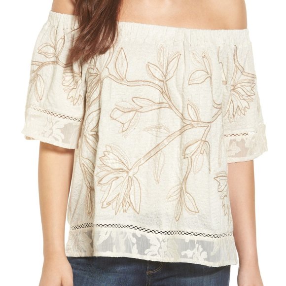 Lucky Brand Off Shoulder Embroidered Breezy BoHo Top Sz M - Picture 1 of 7